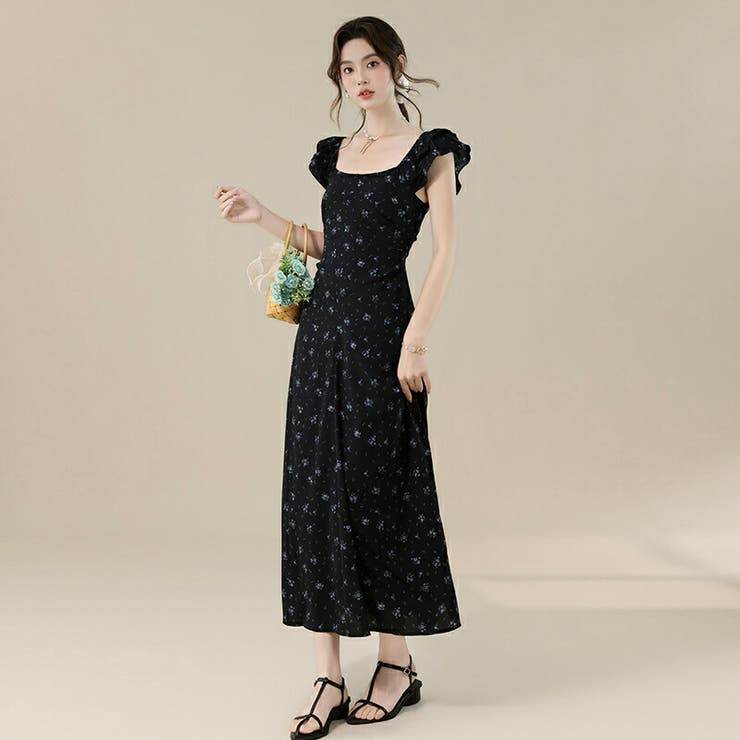 JS FASHION 花柄ワンピース 夏 ロングワンピース シフォン バックオープン フレアワンピース レディース きれいめ 上品 フレンチ リゾート ネイビー ワンピース・ドレス