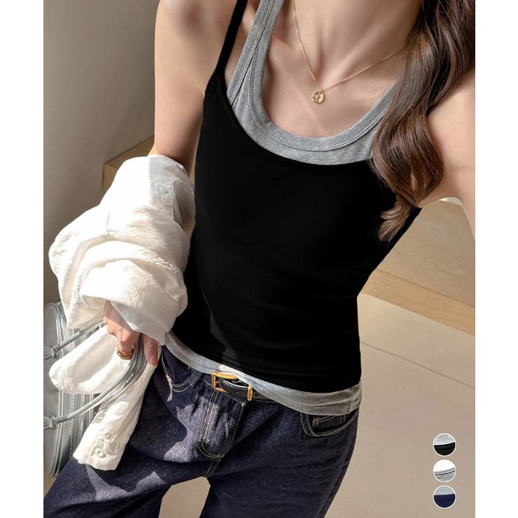 【20％OFFクーポン！7/25(土)限定】Miniministore レイヤード風キャミソール 韓国風配色夏服 トップス