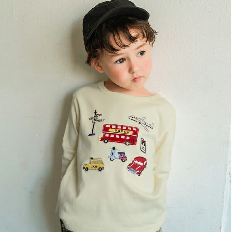 moononnon 子供服 男の子 Tシャツ 秋冬 長袖 子ども服 こども ベビー キッズ 綿100％ ロンドンバス 飛行機車 乗り物 ワッペン ロンT アイボリー ブルー 80cm 90cm 100cm 110cm 120cm 130cm 1歳 2歳