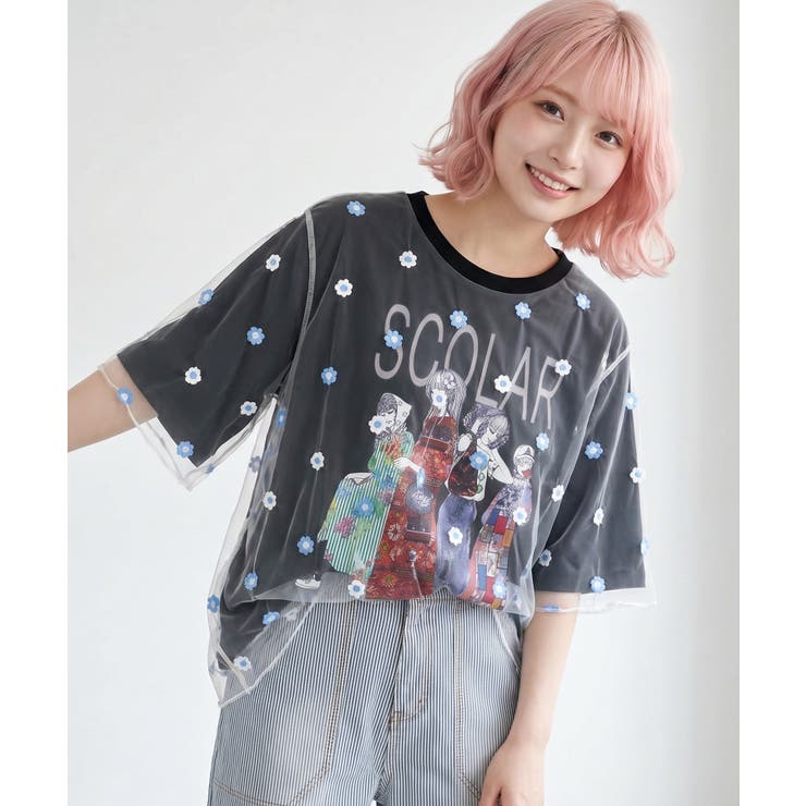 【20％OFFクーポン！7/25(土)限定】ScoLar スカラーガールズ 花刺繍チュール重ねTシャツ トップス