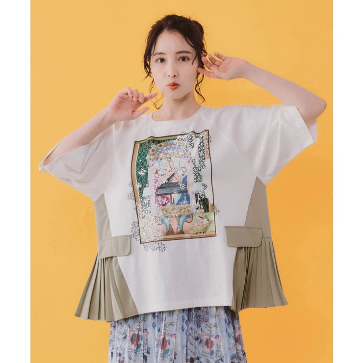【20％OFFクーポン！7/25(土)限定】ScoLar 音楽会のパズル柄 プリーツ切替プルオーバー トップス