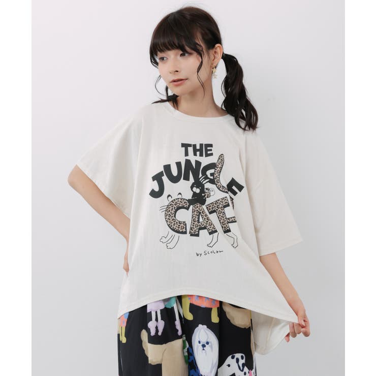 【10％OFFクーポン！7/26(日)1:59まで】ScoLar ヒョウ柄ロゴ乗りラビル アシメ2wayプルオーバー トップス