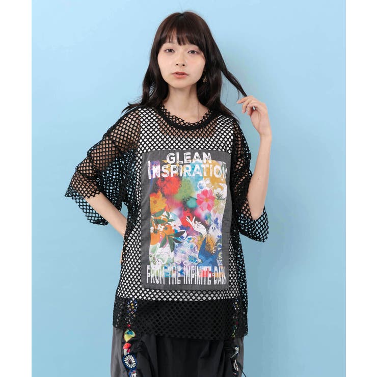 【10％OFFクーポン！7/26(日)1:59まで】ScoLar ボックスアート柄アップリケ付き メッシュプルオーバー トップス