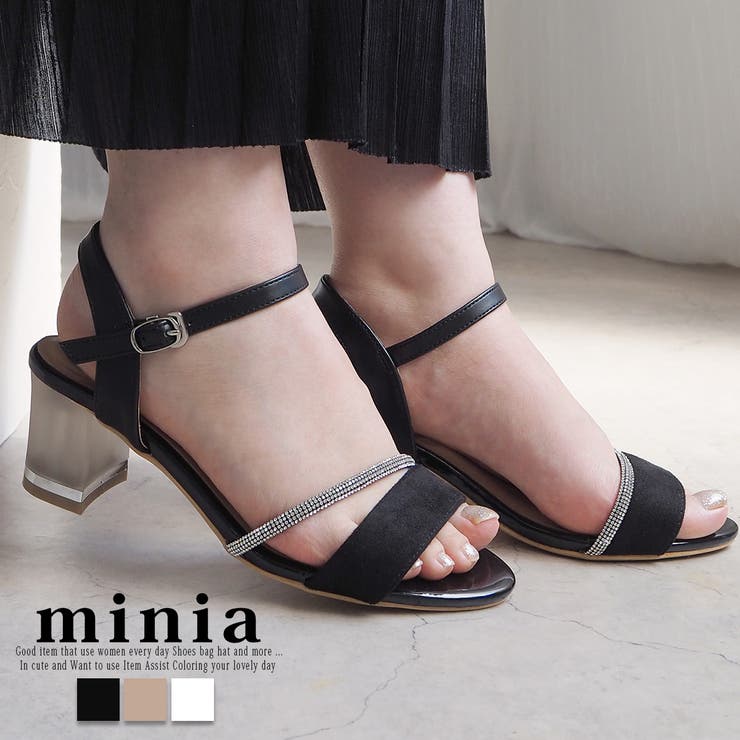 minia ラインストーンのクリアヒールストラップサンダル 5.6cm minia ◇ サンダル ストラップサンダル レディース クリアヒール 5.6cm ラインストーン ビジュー 歩きやすい 軽量 低反発 ツイード調 黒 ベージュ 白 シューズ・靴