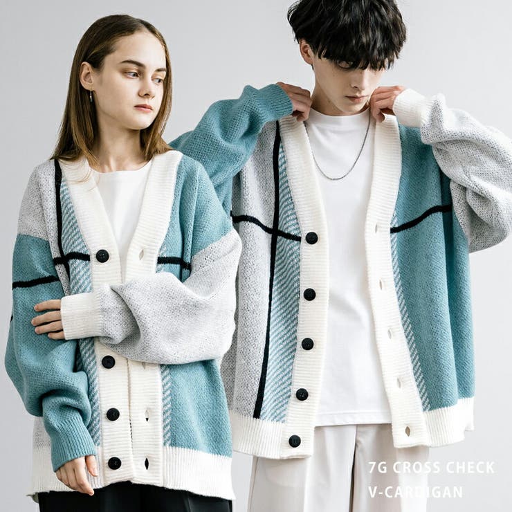 Rocky Monroe カーディガン ニット クロスチェック メンズ レディース 総柄 ライトアウター Vネック オーバーサイズ ビッグシルエット