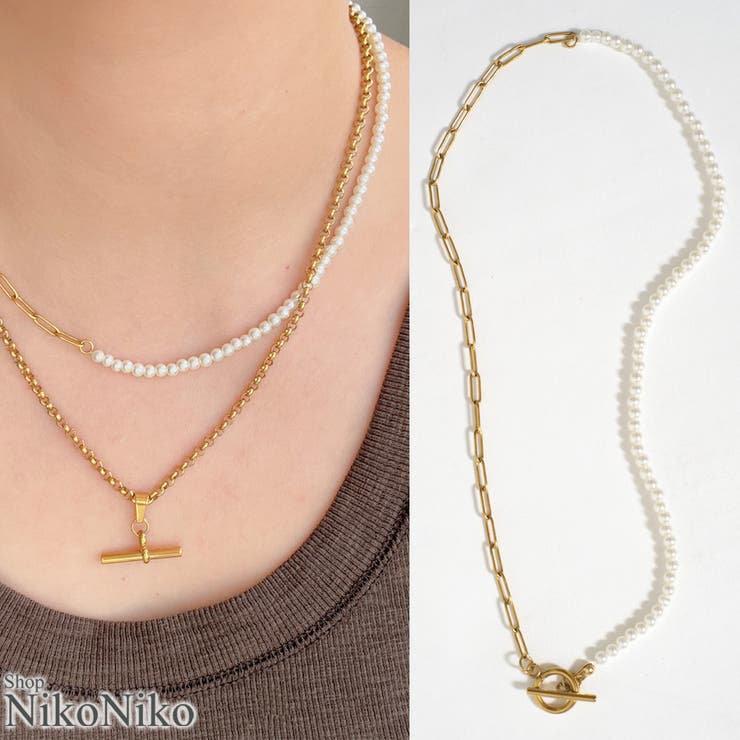 ShopNikoNiko 夏新作 フェイクパール ゴールドチェーン マンテルネックレス ma アクセサリー サージカルステンレス316L 18K PVDコーティング ゴールド パール ジュエリー プレゼント 結婚式 オケージョン レディース 韓国 プチプ
