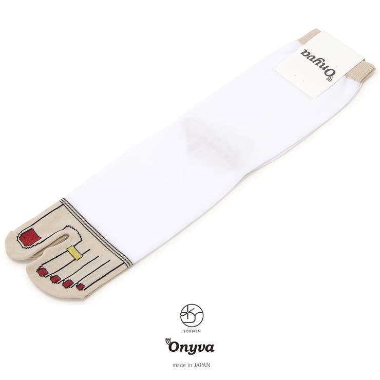SOUBIEN 足袋 Onyva（オニヴァ） 白 ホワイト 薄茶色 指輪 ラメ 足先 トロンプルイユ フットネイル ペディキュア だまし絵 口ゴム 足袋ソックス ストレッチ 和洋兼用 足袋カバー 防寒 和装小物 レディース 日本製 22.5cm〜24.5