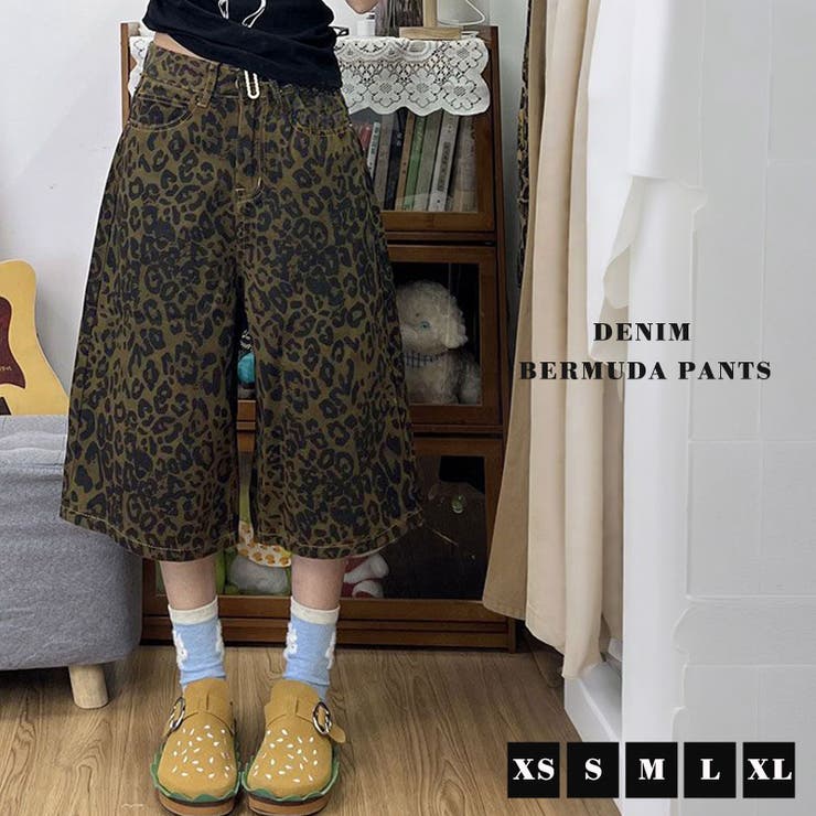 teddyshop バミューダ デニム パンツ レオパード トレンド感 プリント ワイド ハイウエスト ストレートレッグ スタイルアップ 膝下丈 バミューダ シルエット こなれ感 大人 カジュアル 乾きやすい カジュアル 軽い タックインコーデ ガーリー shoplistselect-10531257 SHOPLIST サンプル画像2
