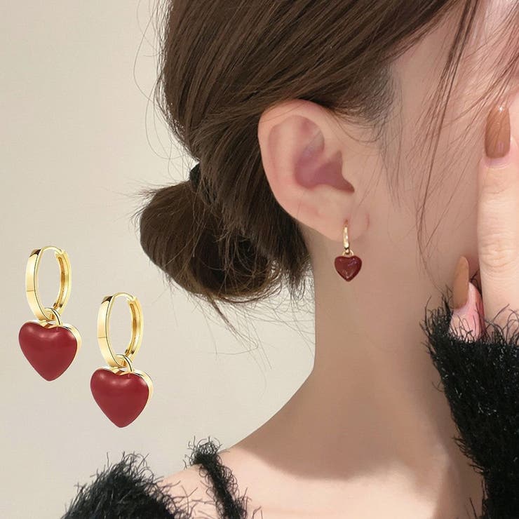 maison de LATIR 大人のワインレッドハートピアス ハート ぷっくり フープピアス 2way 3way 4way キャッチレス ハートチャーム ワイ...