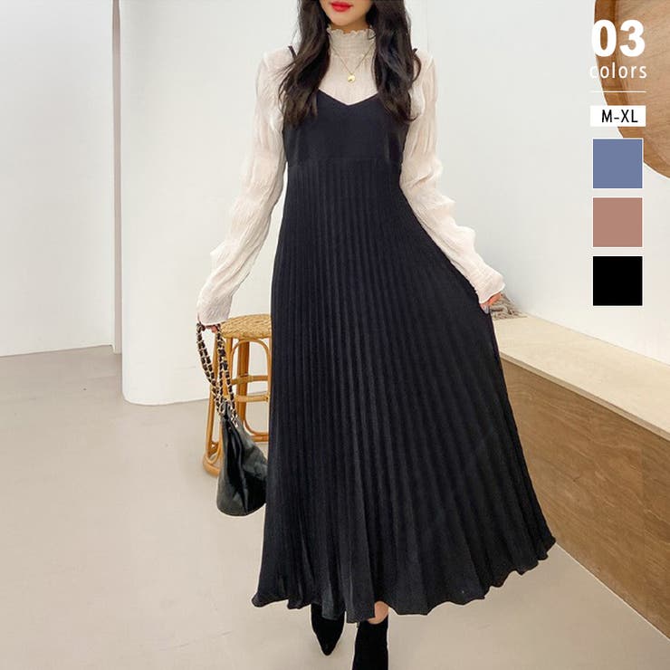 COCOMOMO Camisole Dress, Pleated Dress, Long Dress, Layered Dress, Sleeveless, V-neck, Cute, Spring, Autumn, Korean Style