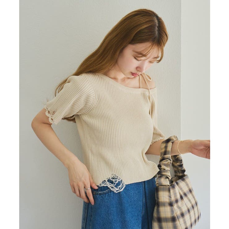 PAL GROUP OUTLET 【Kastane】ダメージクロシェリブ半袖ニット トップス