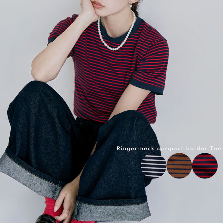 【10％OFFクーポン！7/26(日)1:59まで】Fashion Letter etoll. エトル リンガーネックコンパクトボーダーTシャツ トップス Tシャツ 半袖 ボーダー クルーネック 丸首 コンパクト プルオーバー ティーシャツ 伸縮性 レデ