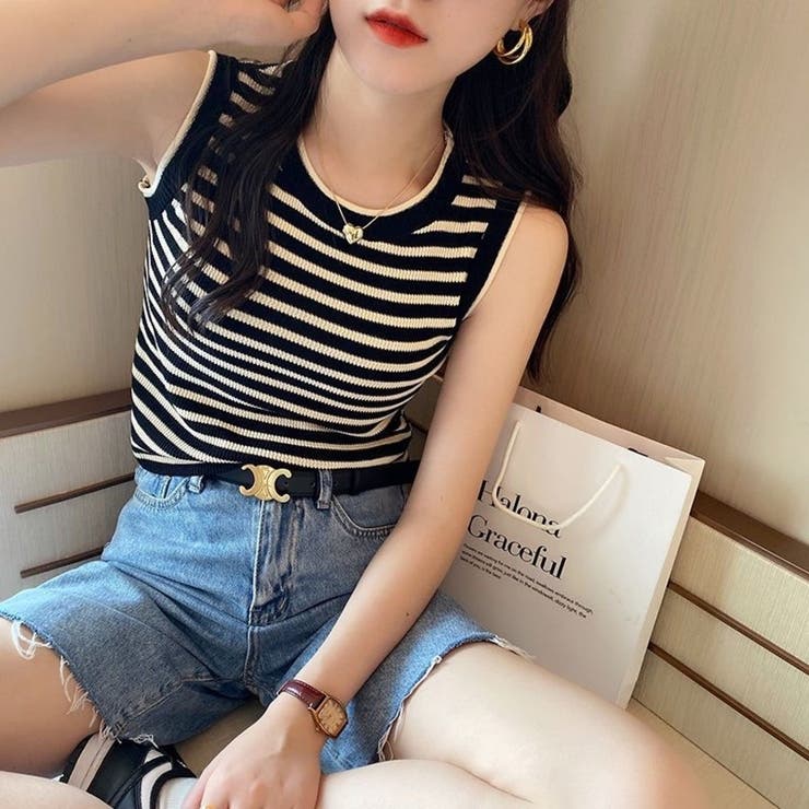 【20％OFFクーポン！7/25(土)限定】Beststore 大人カジュアル ボーダー柄 サマーニット タンクトップ ノースリーブ トップス