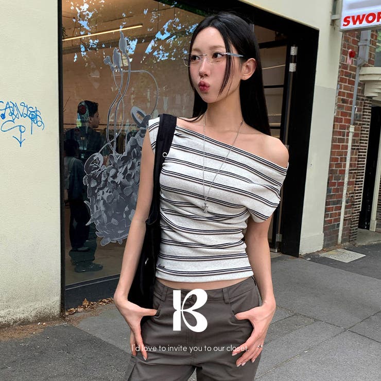 【10％OFFクーポン！7/26(日)1:59まで】BEIDELLI クリ ストライプオフショルダー半袖Tシャツ ts1520 トップス