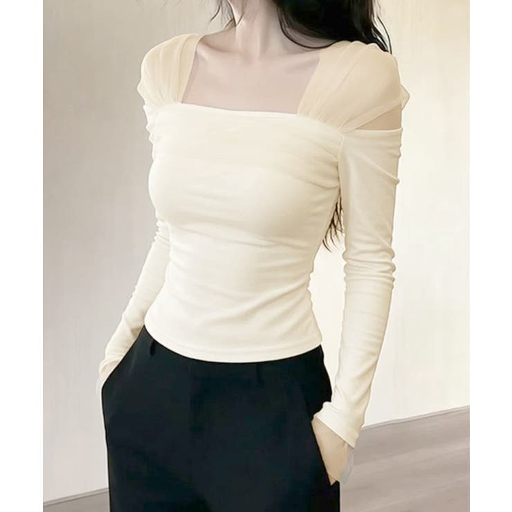 SUNSHINE CLOSET レディース シアー切り替えトップス シアーメッシュ プルオーバー きれいめ 細見え 韓国ファッション 無地tシャツ 春秋 トップス shoplistselect-10536491 SHOPLIST サンプル画像2