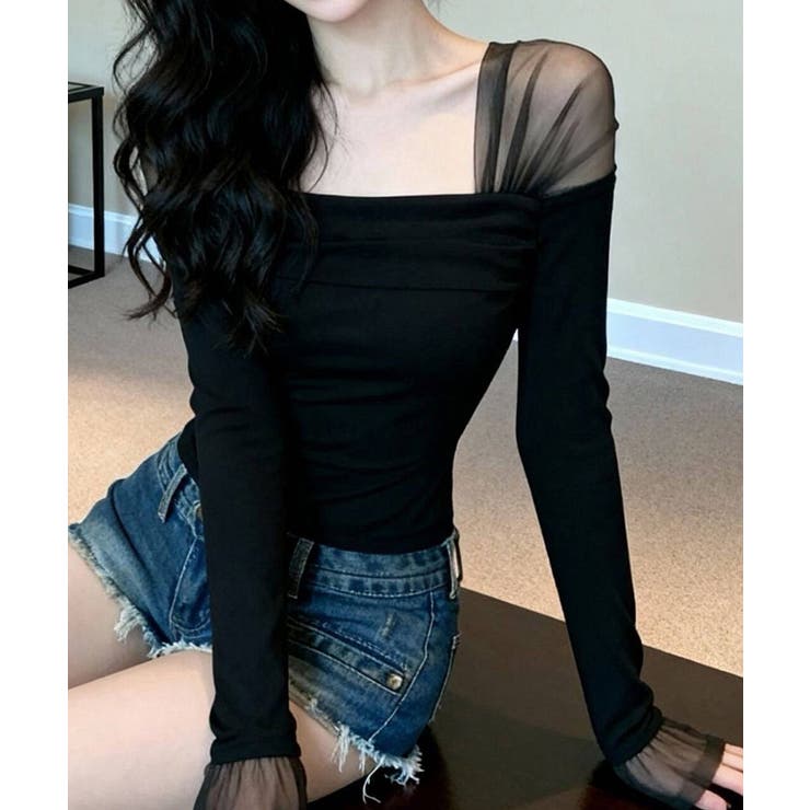 SUNSHINE CLOSET レディース シアー切り替えトップス シアーメッシュ プルオーバー きれいめ 細見え 韓国ファッション 無地tシャツ 春秋 トップス shoplistselect-10536491 SHOPLIST サンプル画像3