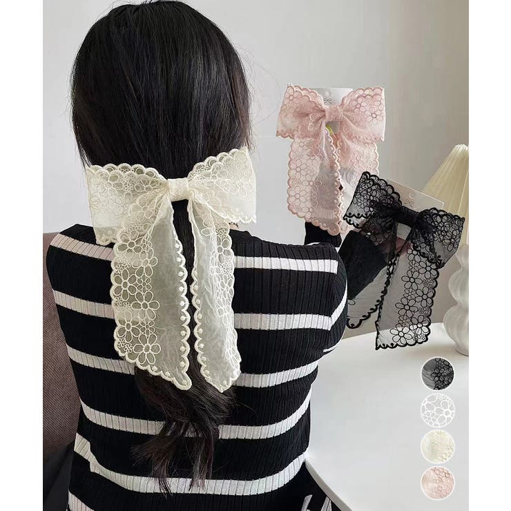 Miniministore レースリボンバレッタ刺しゅうヘアクリップ ヘアアクセサリー