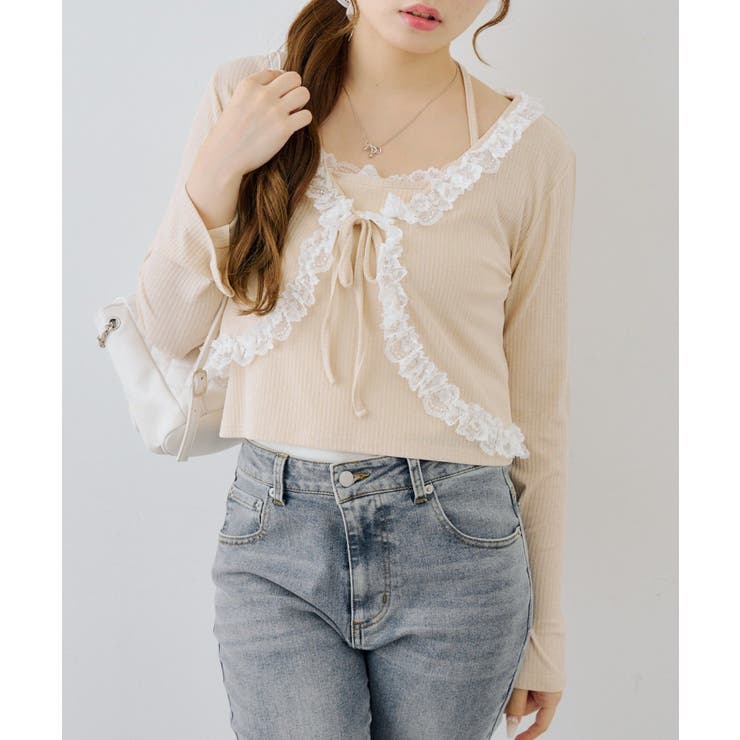 NICE CLAUP / OLIVE des OLIVE　OUTLET 【セットアイテム】レース付カーディガン×レース付キャミ トップス