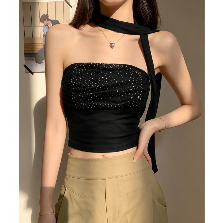 SUNSHINE CLOSET チューブトップ レディース スカーフ付き ギャザー 2点セット ショート丈 肌見せ 韓国風 フェミニン カジュアル トップス