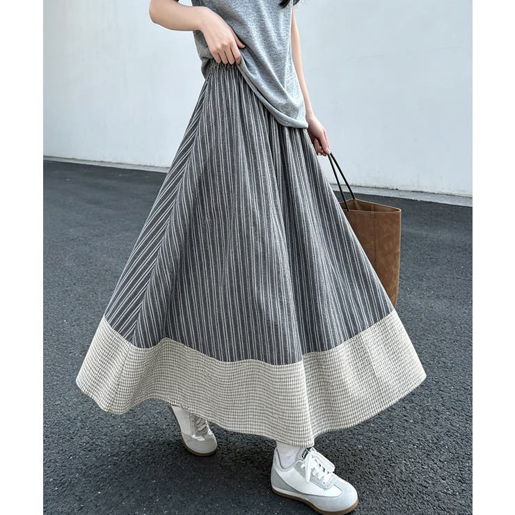 SUNSHINE CLOSET ボリュームスカート Aライン レディース 配色切り替え お出かけ おしゃれスカート ゆったり体型カバーハイウエスト韓国風 スカート