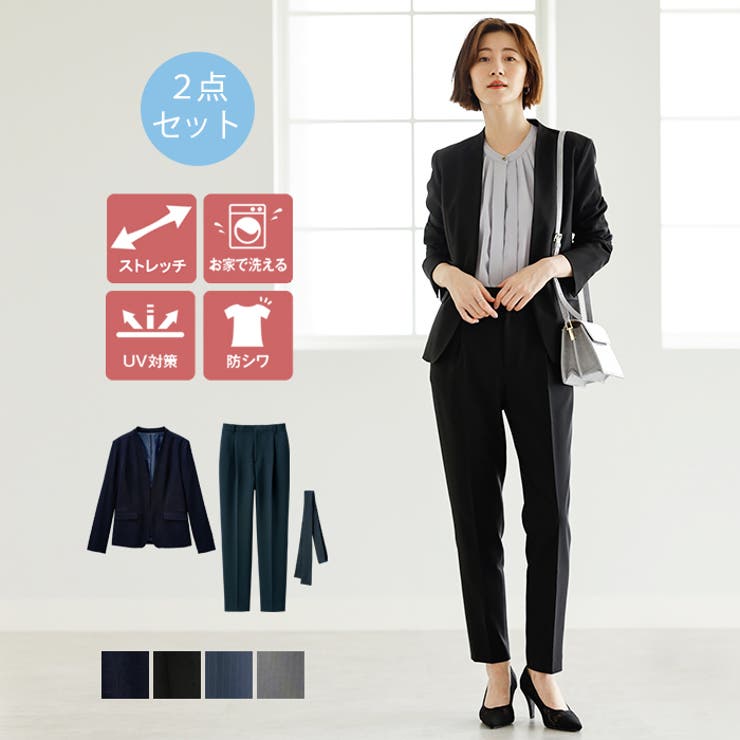 【10％OFFクーポン！11/27(木)1:59まで】GeeRA 【2点セット】洗えるノーカラージャケットパンツスーツセットアップ スーツ