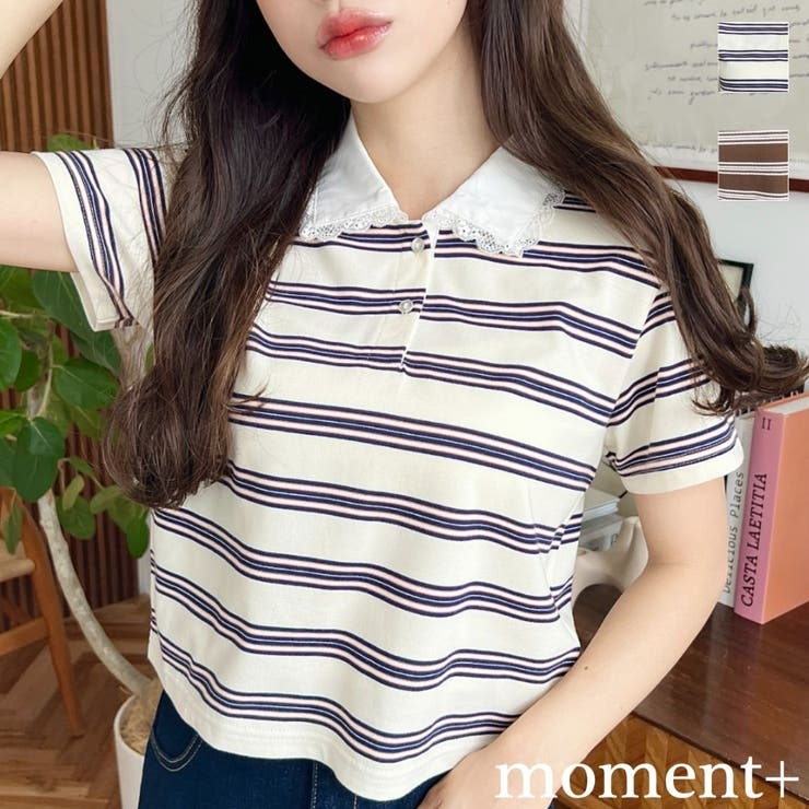 【10％OFFクーポン！7/26(日)1:59まで】moment+ 衿レースマルチボーダーポロシャツ トップス