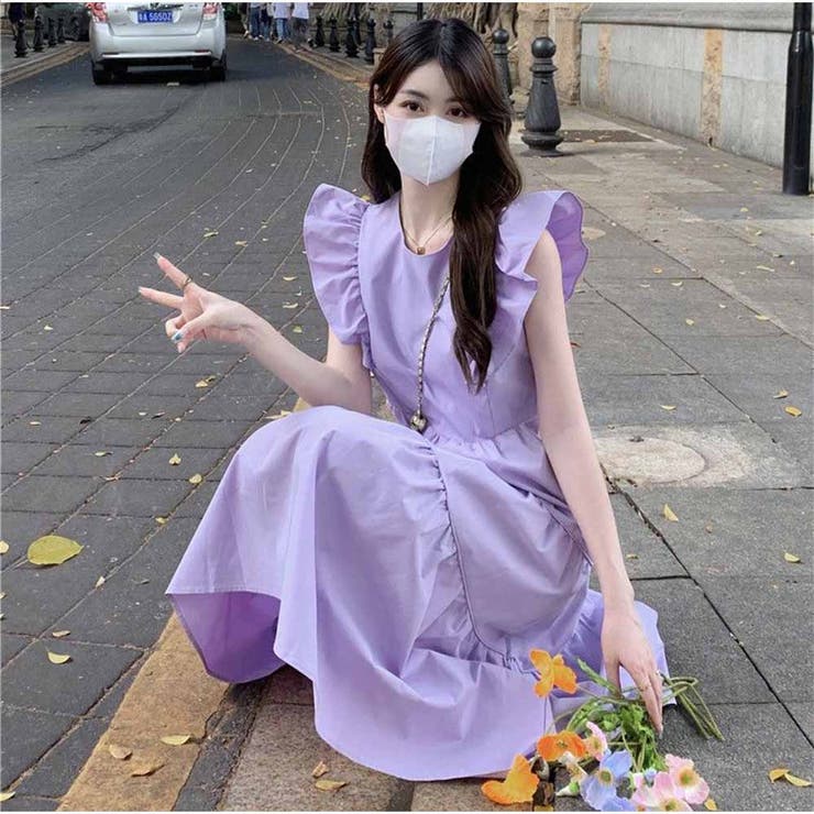 And Kawaii ワンピース ロングスカート ひざ丈 ハイウエスト 無地 きれいめ カジュ...