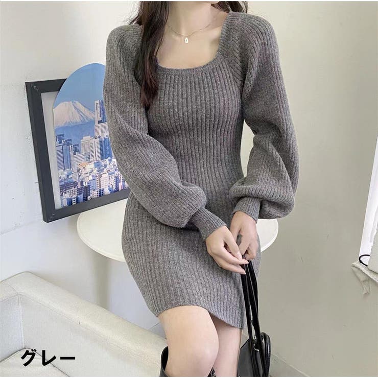 【10％OFFクーポン！9/24(木)1:59まで】And Kawaii ニットカシュクールワンピース リブ編み スクエアネック セーター 長袖 春 カジュアル 韓国ファッション ワンピース・ドレス shoplistselect-10116484 SHOPLIST サンプル画像2
