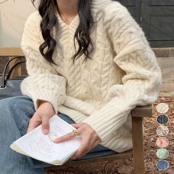 【3日19時まで4,206円】送料無料 韓国風ニットチュニック秋冬 ドロップショルダーニット大人可愛い vネ..