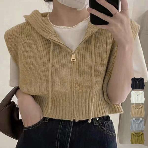 送料無料 ニットジレレディース 重ね着 ノースリーブニットパーカー ニットセーター 韓国風チョッキVネック 学院風前開きジレ 無地 コンパクトベスト黒 ニットトップス秋冬 カジュアル ベスト