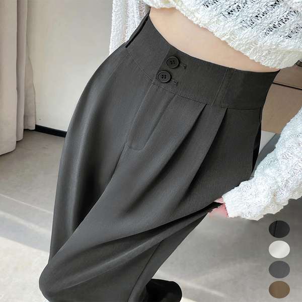 送料無料 レディース ダブルボタンストレートパンツ オフィスカジュアル 着やせロングパンツ ハイウエストイージーパンツ バックゴム 体型カバーボトムス きれいめ通勤ズボン ドレープパンツ無地