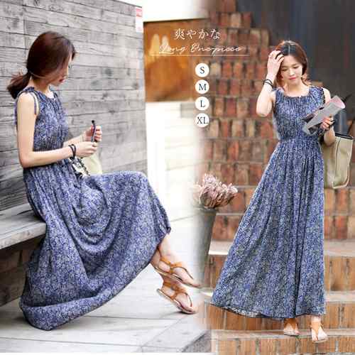 送料無料 ロングワンピース ノースリーブ レディース 花柄 マキシ丈ワンピース 薄手 オールインワン ウエストシャーリング ワンピース 爽やか シャーリング 夏 ロング フラワー