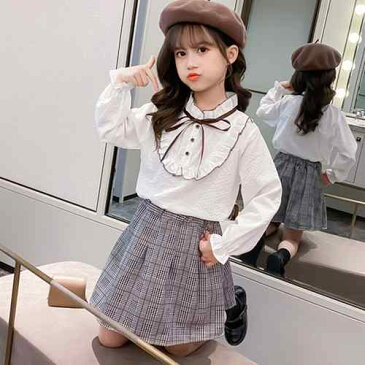 キッズ セットアップ 女の子 シャツ スカート 2点セット 長袖 おしゃれ カジュアル 秋冬 小学生 通学着 ミニチェック柄スカート【メール便送料無料】