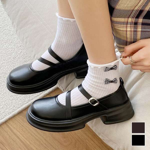 【11日23時まで3,708円】送料無料 レザー調 ストラップ ボリュームソール 疲れない 快適 太ヒール 歩きやすい クラシック オルチャン 通勤通学 メイド靴 走れるパンプス 学院風シューズ 韓国ファッション