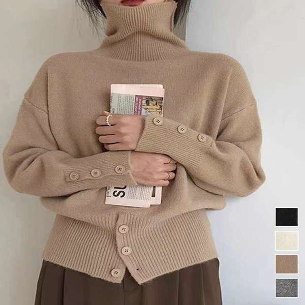 送料無料 ハイネックニット レディース きれいめ 折り襟ニットソー 着やせ 大人 可愛いニット シンプル ドロップショルダーニット あったか長袖ニット 着やせニット韓国風 おしゃれセーター女