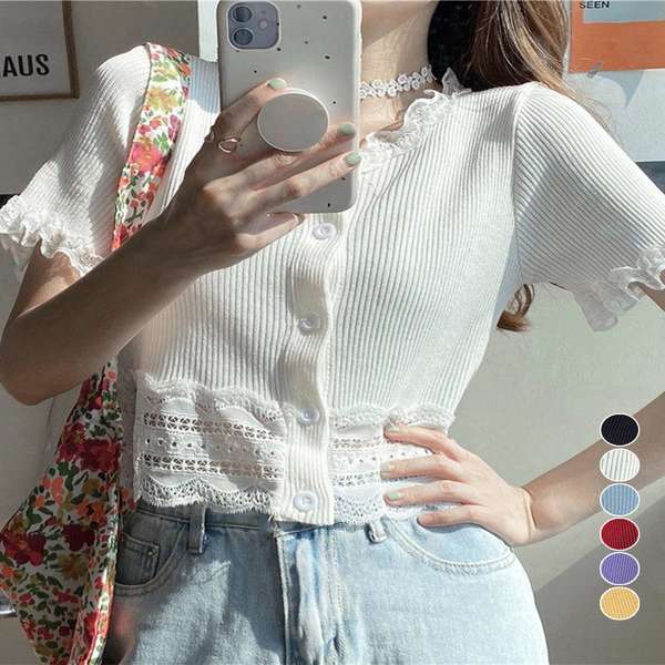 【5日23時まで2,208円】送料無料 レディース リブニットサマーカーディガン 透かし韓国風ニットトップス クロップドカーデ カジュアル羽織り薄手 冷房対策服 大人可愛いトップス ニットカーデ 夏服 コンパクト 羽織り