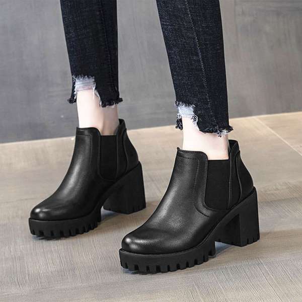 送料無料 レディース きれいめPUレザー厚底ショートブーツ 履きやすいアンクルブーツ 歩きやすい美脚脚長シューズ 韓国風通勤通学靴 秋冬靴おしゃれ大人 痛くない...