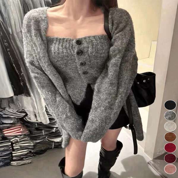 【11日23時まで3,700円】送料無料 ニットビスチェ＆ロングカーディガン2点セット 大人可愛い 体型カバーニットアウター 着やせ 韓国風レイヤードニットセット セットアップニット きれいめニット秋冬 ゆったりカーデ春秋