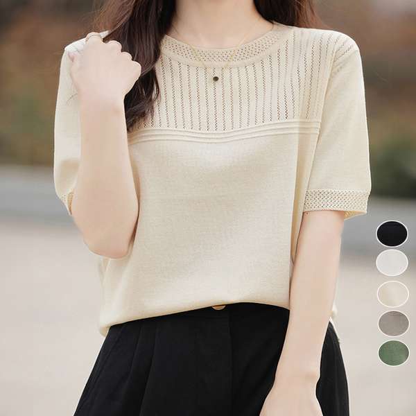 【3日19時まで2,871円】送料無料 レディース オフィスカジュアル 薄手プルオーバー 五分袖 透かし編み..