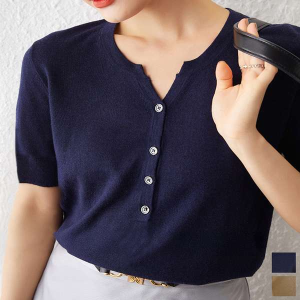 V-Neck - 送料無料 ニットカットソー レディース 無地ハーフボタン 柔らかいプルオーバー 五分袖 通勤服 夏ニット ベーシック 着回し力抜群 オフィスカジュアル 着やせ トップス夏 コンパクトニットt