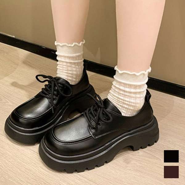 【11日23時まで3,075円】送料無料 レディース ボリュームソール レースアップシューズ おしゃれ スクエアトゥ プラットフォームローファー美脚脚長疲れにくい マニッシュシューズ 通勤通学レトロ新作 合皮シューズ韓国風