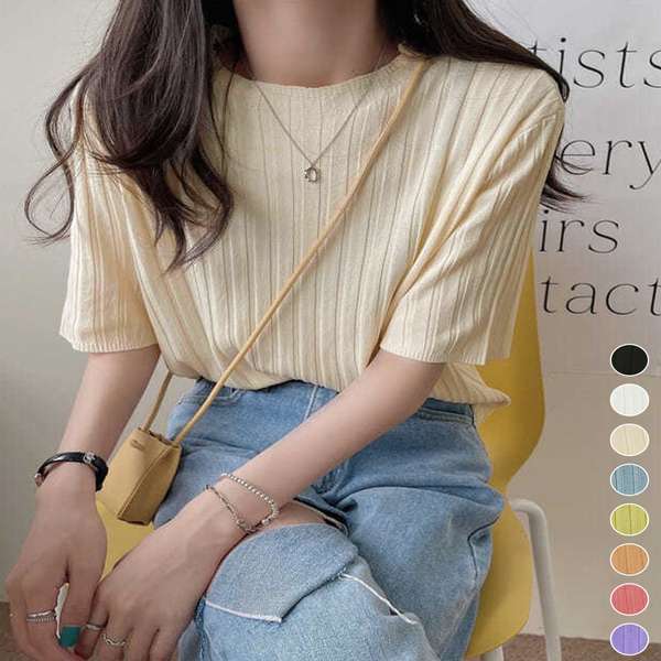 【クーポン利用で1,649円】送料無料 薄手リブニットTシャツレディース ベーシックニット着やせトップス 通勤通学 オフィスカジュアル シンプルニットソー着回し 細見え大人ニット夏 無地 丸首 軽やか プルオーバー韓国風