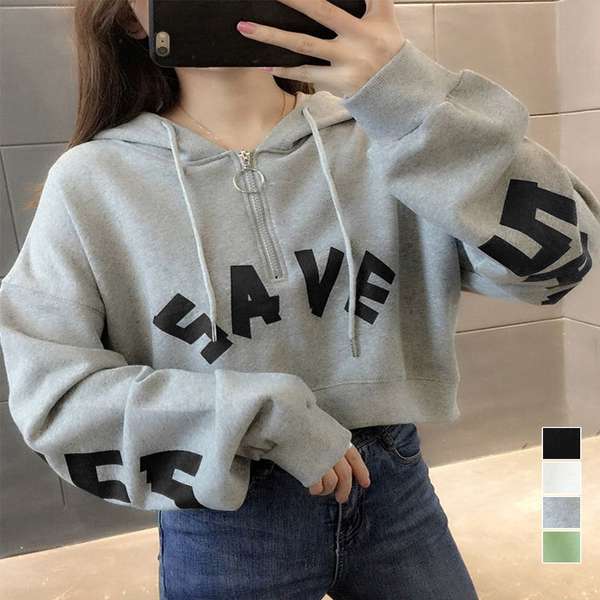 【21日23時まで2,658円】送料無料 スウェットレディース ショート丈ジップパーカートレーナー クロップドプルオーバー おしゃれ 体型カバー長袖トップス着やせ カジュアルトップス BIGロゴパーカー 韓国風秋服ゆったり