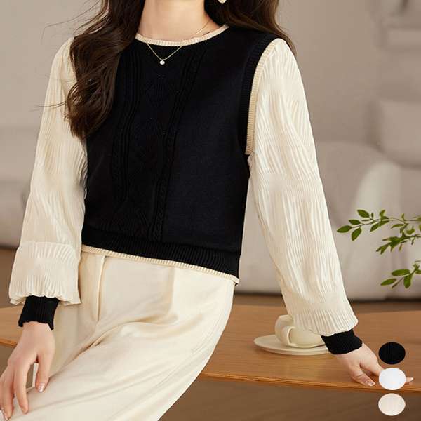 送料無料 シフォン袖 切り替えニットトップス パフスリーブ ニットプルオーバー 長袖 レイヤード風ニットブラウス クルーネック黒 ドッキングブラウス 重ね着風ニット春秋 きれいめトップス