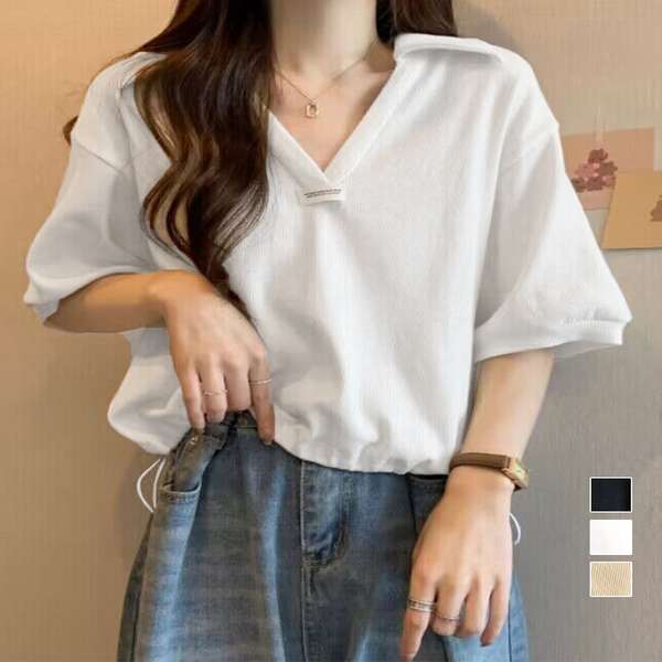 【21日23時まで2,616円】送料無料 半袖ポロシャツ 着やせショート丈カットソー カジュアルスキッパーtシャツ 着回し襟付きトップス 裾ドロストTシャツ韓国風 おしゃれ夏t 無地 短い丈カットソー黒 可愛いプルオーバー