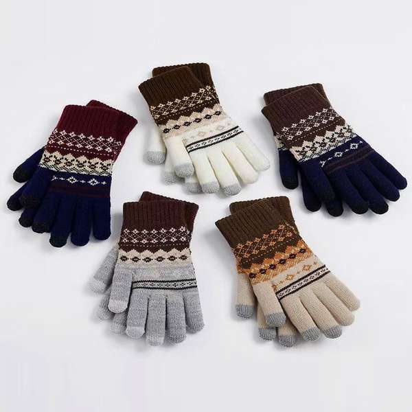 送料無料 レディース ニットグローブ五本指 通勤通学暖かいノルディック柄手袋 配色毛糸手袋 厚手タッチグローブ韓国風 冷え対策秋冬 防寒保温 手ぶくろ タッチパネル対応 カップルグローブ冬