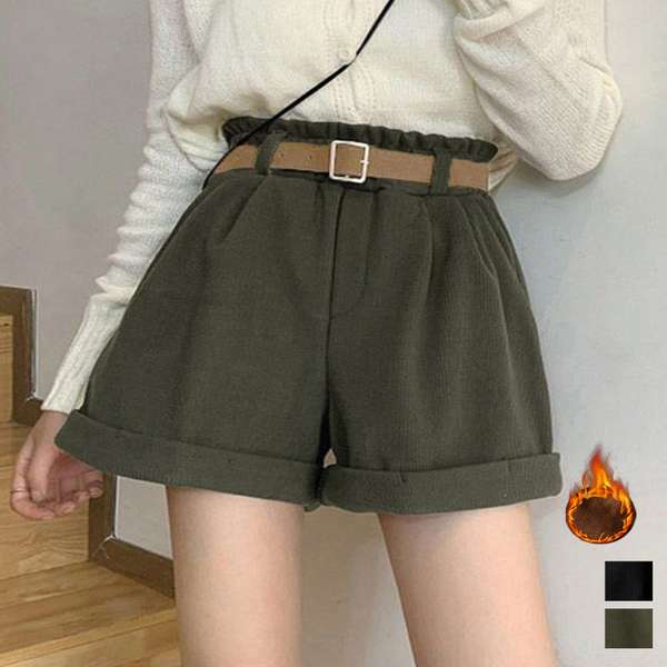 送料無料 裏起毛 ショーパン レディース ロールアップ短パン 美脚脚長 着やせホットパンツ ウエストゴム ボトムス 大人カジュアル 抜け感半ズボン秋冬 ワイドレッグ短パン 無地イージーパンツ