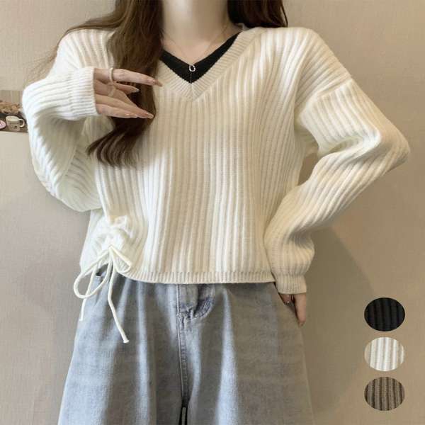 送料無料 レイヤードニットレディース韓国風 きれいめトップス秋冬服 サイドドローストリングニットおしゃれ ニットセーター大人可愛い ドッキングニット服 ゆったりニット長袖 体型カバートップス(4.0)