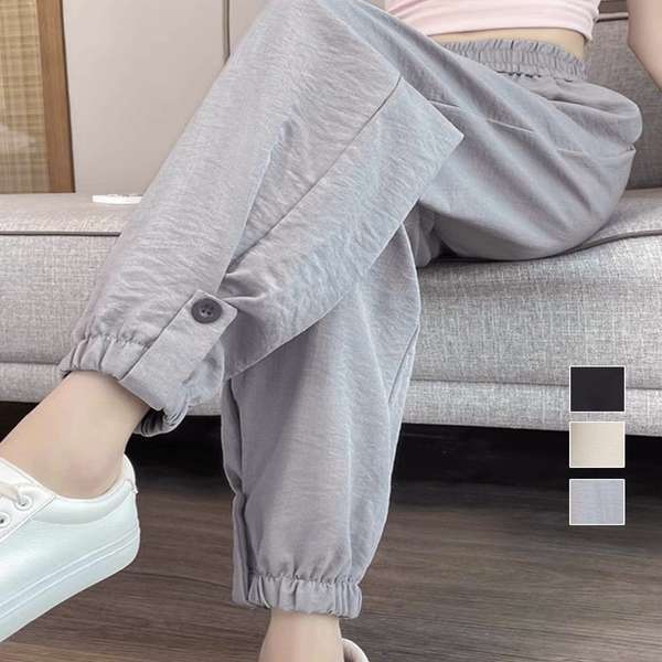 Nylon, Rayon, Polyester - 送料無料 イージーパンツ 韓国風 無地 レディースボトムス 九分丈 ゆったり 薄手 ポケット付き 着回し 裾ゴムパンツ カジュアル ヨガスポーツウェア ルームウェア部屋着 春夏らくちんパンツ