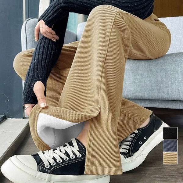 送料無料 ハイウエストあったかパンツ レディース 防風防寒フロントスリットパンツ 暖かいズボン 美脚脚長秋冬ボトム イージーパンツ 韓国風フレアパンツ モップパンツお洒落 セミワイド 着やせ